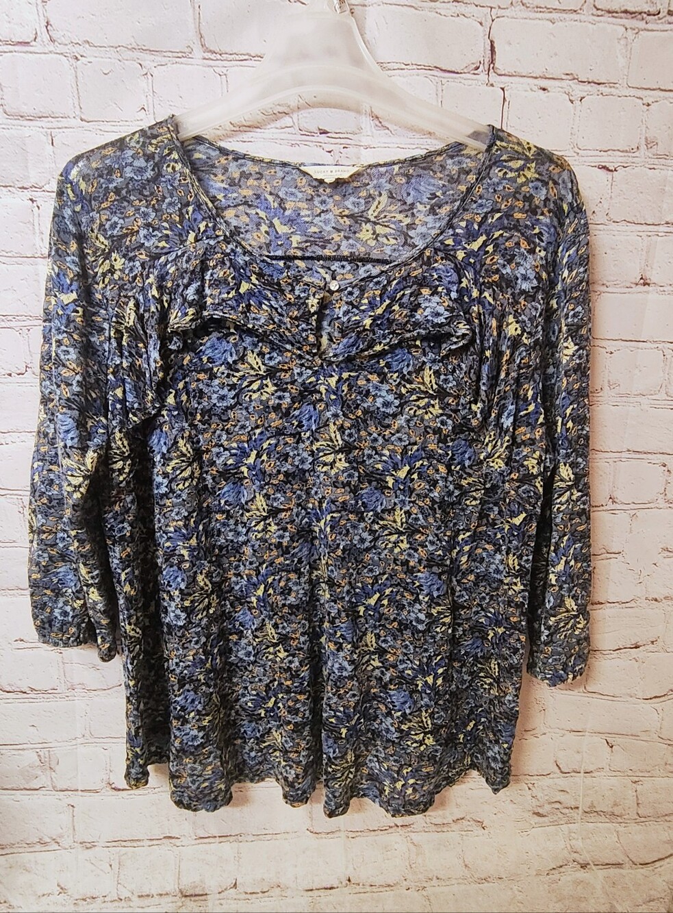 Luckybrand 2X Women's Ruffled Tunic Grunge Multi-color Colored Blue Floral Top
